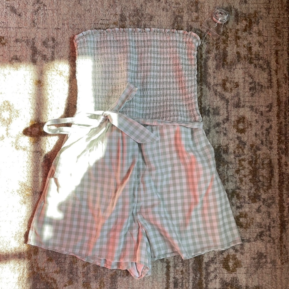 Green and white gingham romper